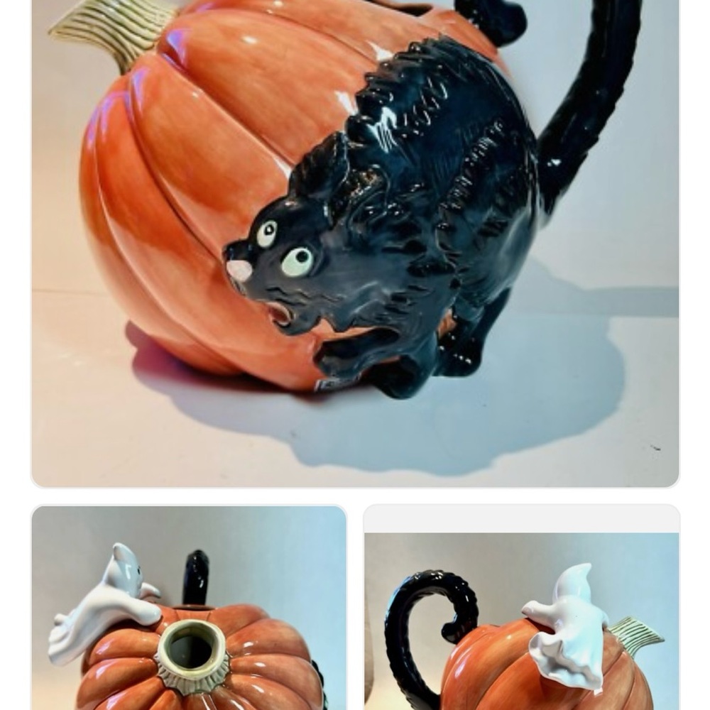 Fitz and Floyd Orange Pumpkin Teapot with Black Cat and White Ghosts